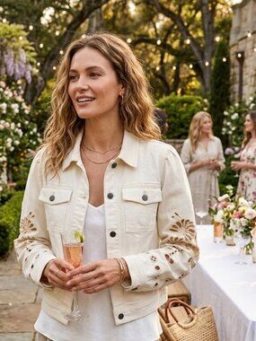 NWT Johnny Was Cream Embroidered Sleeve Denim Jacket XL